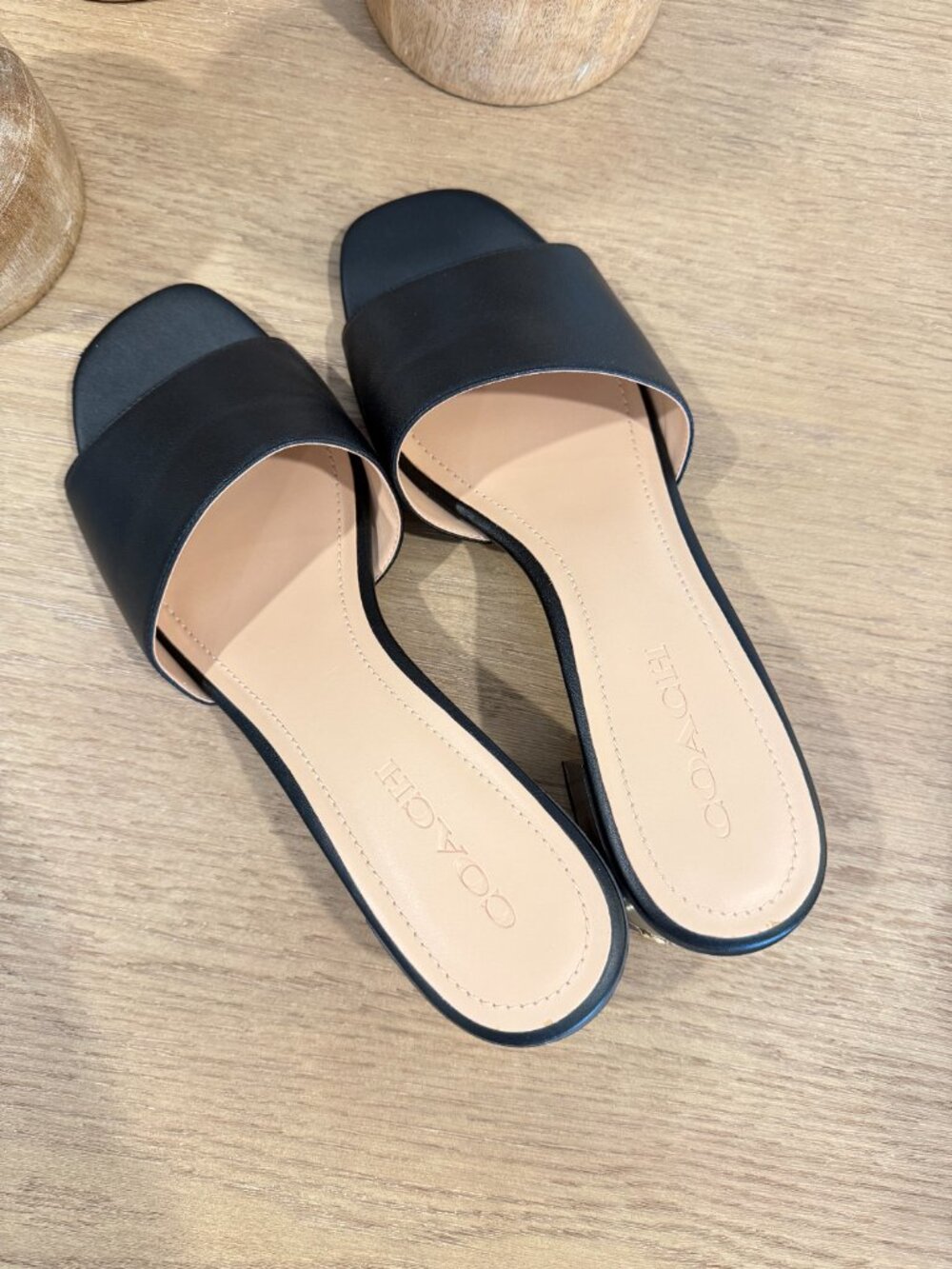 Coach Black Leather Slide Mule Heels Gold Logo Size 10